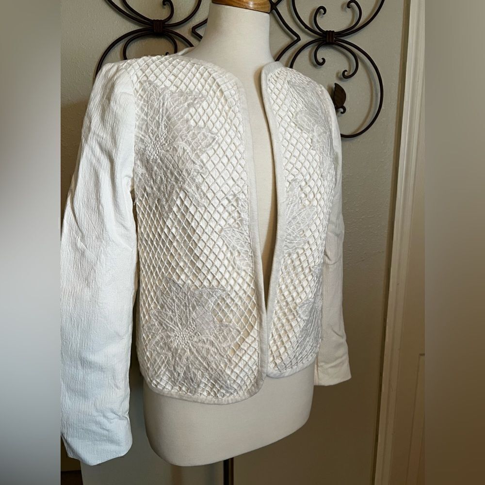 Anthropologie the Korner White Lace Quilt Open Front Jacket Size Small